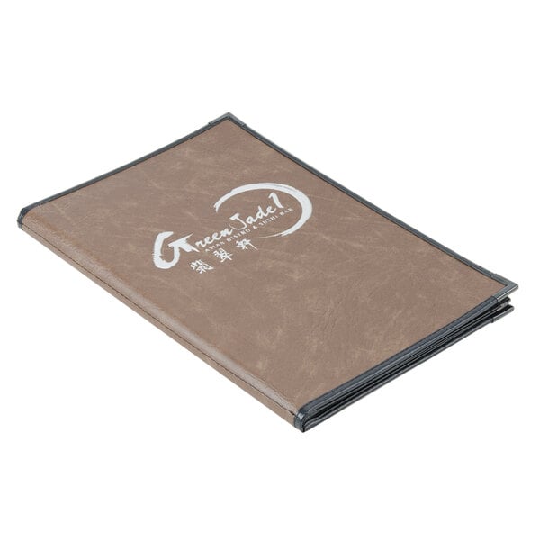 A brown leather-like Menu Solutions Royal Select Series 8 View booklet menu cover with white writing on it.