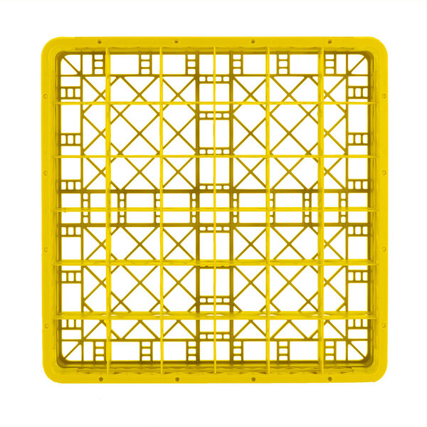 A yellow plastic Vollrath Traex glass rack with rows of compartments.