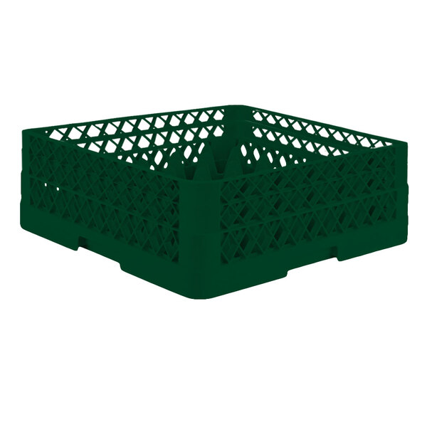 A green Vollrath Traex glass rack with lattice pattern.