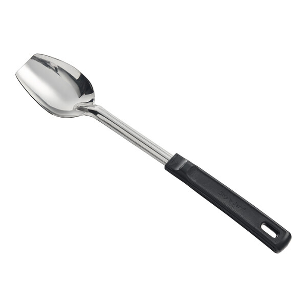 A Vollrath stainless steel basting spoon with a black handle.