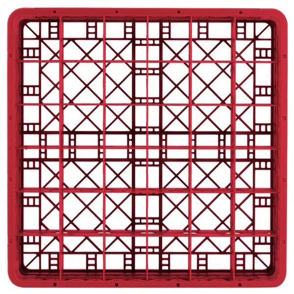 A red plastic Vollrath Traex glass rack with many rows of red bars.