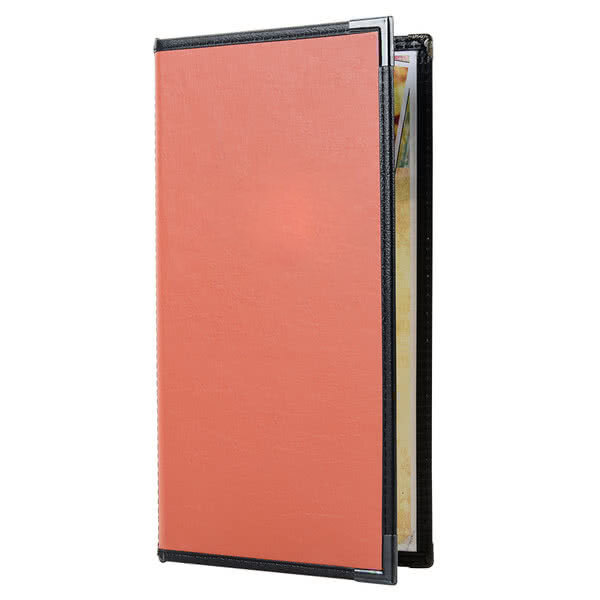 A black leather-like Menu Solutions booklet cover with a yellow rectangular menu inside.