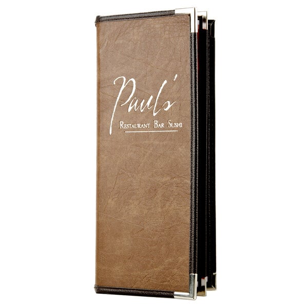 A brown leather-like Menu Solutions Royal Select menu cover with the name "Paul's" on the front.