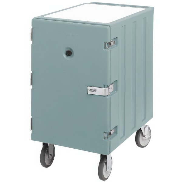 A slate blue Cambro mobile cart for sheet pans with a door on wheels.