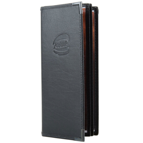 A black leather Menu Solutions Royal Select menu cover with a logo on it.