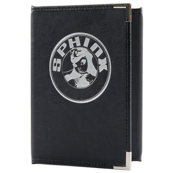 A black leather Menu Solutions menu cover with a silver logo.