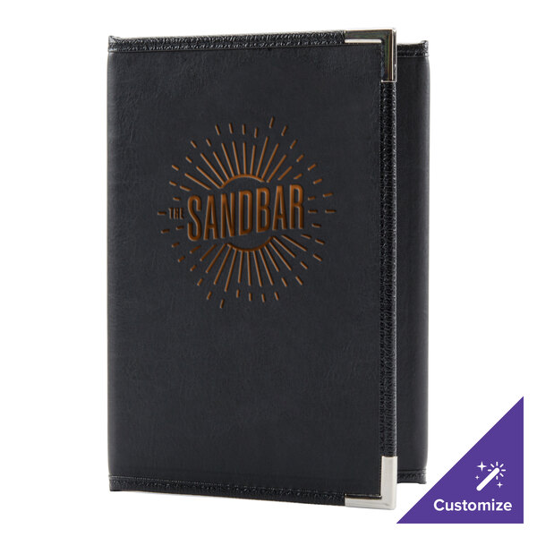 A black leather Menu Solutions Royal Select menu cover with gold logo.