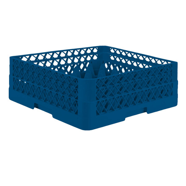 A Vollrath TR7CA blue plastic glass rack with a lattice pattern.