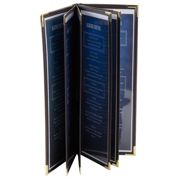 A black leather-like Menu Solutions Royal Select menu cover with gold trim on the edges and corners.