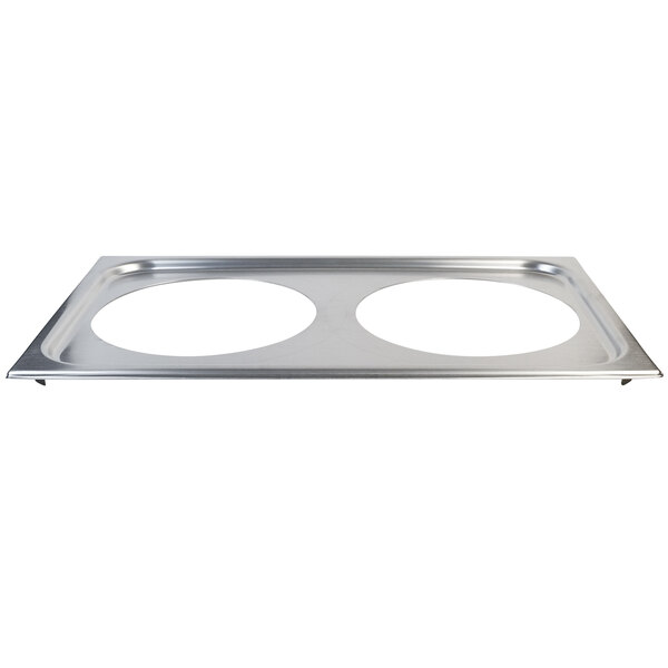 A Vollrath stainless steel adapter plate with two circles.