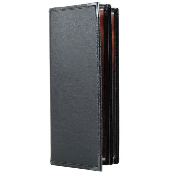 A black leather menu holder with a red inside.