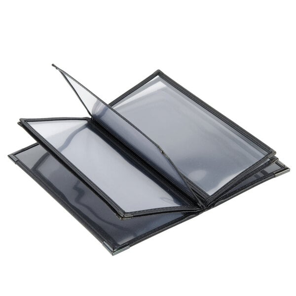 A black leather folder with clear plastic inside.