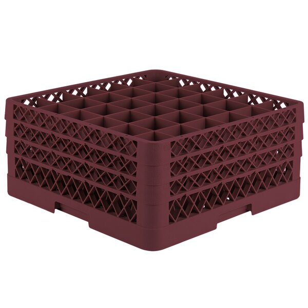 A burgundy Vollrath Traex glass rack with a grid of 36 compartments.