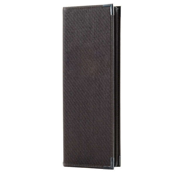 A black leather-like rectangular Menu Solutions booklet cover.