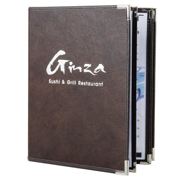 A brown leather-like Menu Solutions Royal Select Series menu cover with white custom text.