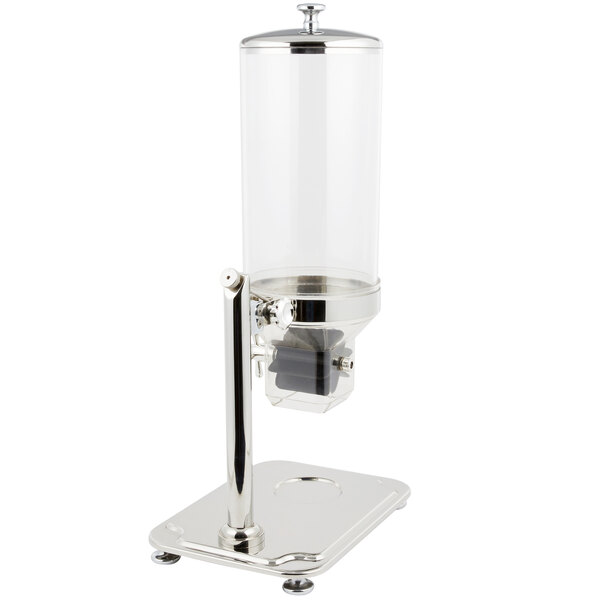 A Vollrath D-Lux single canister cereal dispenser on a silver stand with glass and metal parts.
