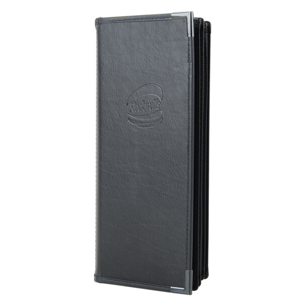 A black leather Menu Solutions Royal Select menu cover.