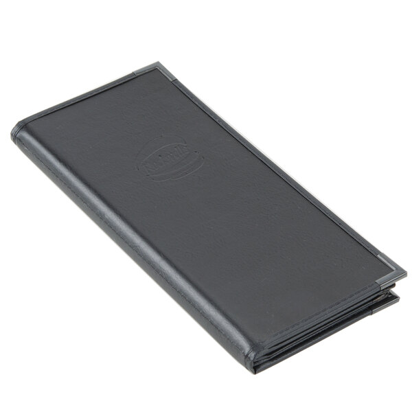 A black leather Menu Solutions Royal Select Series menu cover on a table.