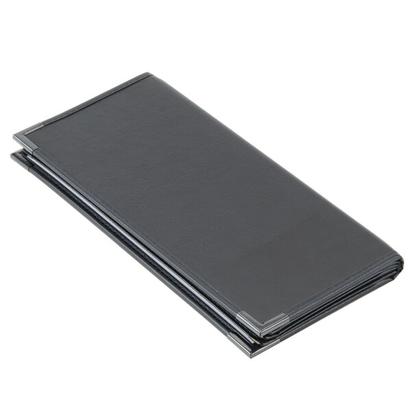 A black leather customizable menu cover with metal corners.