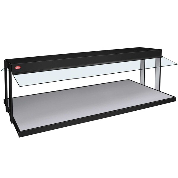 A black rectangular Hatco buffet warmer with a glass top.