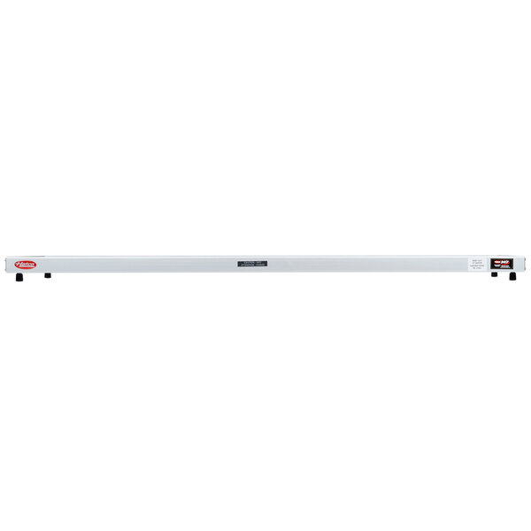 A white rectangular Hatco heated shelf with red labels.