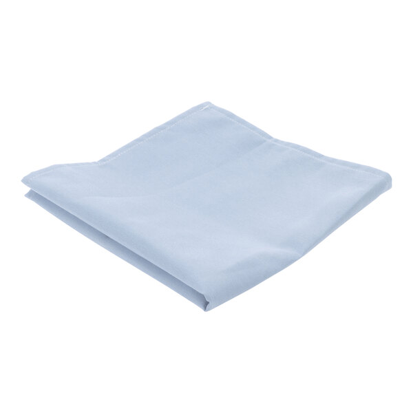 A folded light blue Intedge cloth table cover on a white surface.