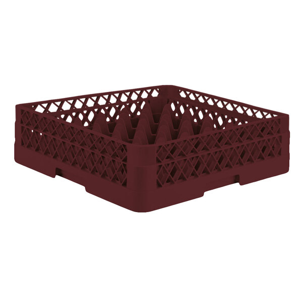 A Vollrath Traex burgundy glass rack with an open rack extender on top.