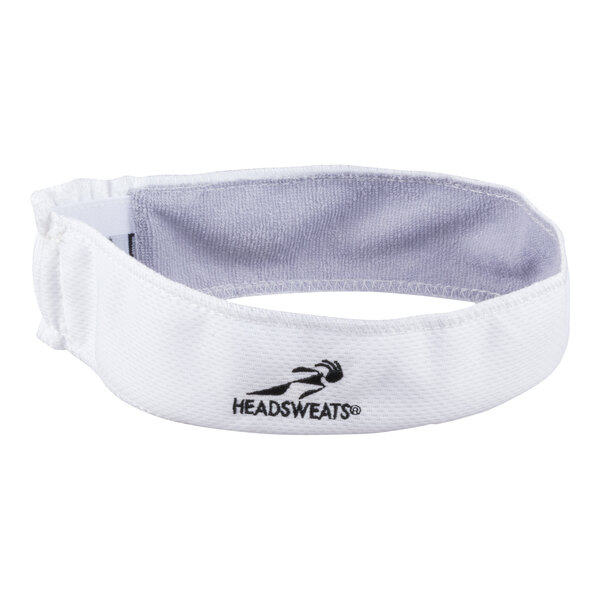 A white fabric headband with a black logo and the word 'HEADSWEATS' on the front.