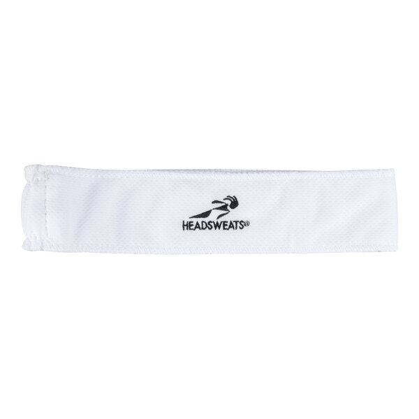 A white fabric headband with a black logo and the word 'HEADSWEATS' printed on it.