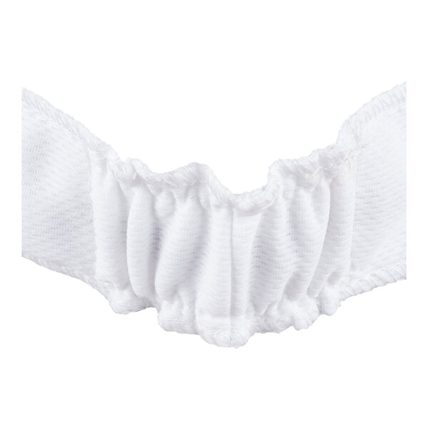 A close-up view of a white, gathered, fabric headband with visible stitching and elastic.