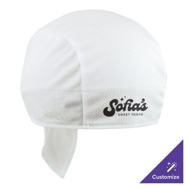 A white Headsweats chef cap with black customizable text.