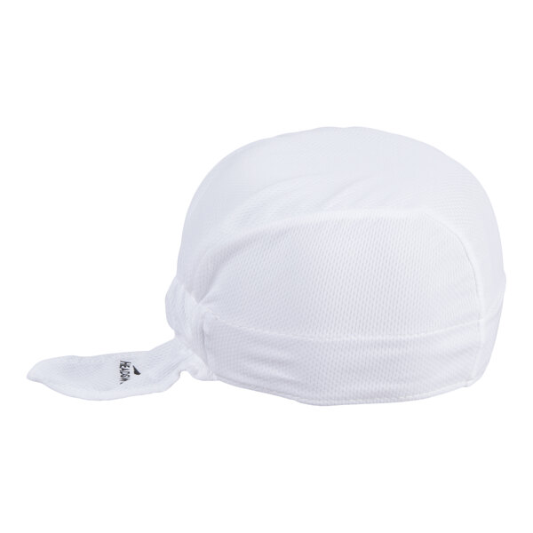 A white, textured fabric cap with a short tail and a small logo on the tail.