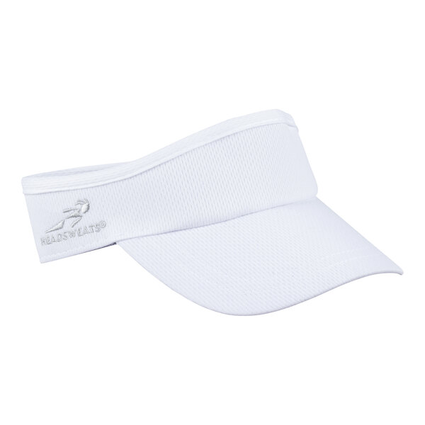 A white sports visor with a curved brim and an embroidered logo on the side.