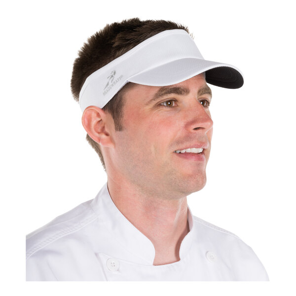 A person wearing a white visor and a white buttoned shirt, shown from the shoulders up.