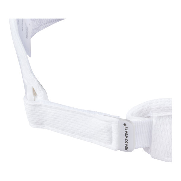 A close-up view of a white adjustable strap with a small tag labeled 'HEADSWEATS' attached to a fabric item.