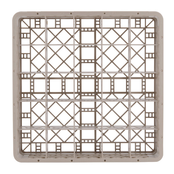 A beige plastic Vollrath Traex glass rack with many compartments.