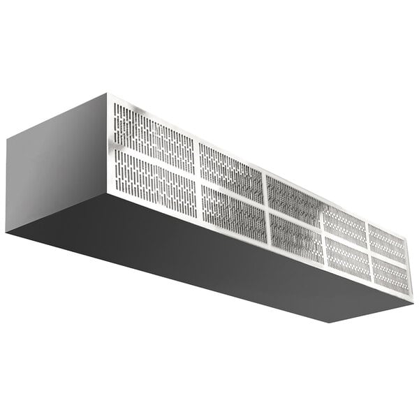 A grey metal rectangular air curtain with holes in the panel.