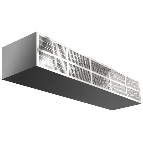 A grey metal Curtron air curtain with a white rectangular panel and holes.