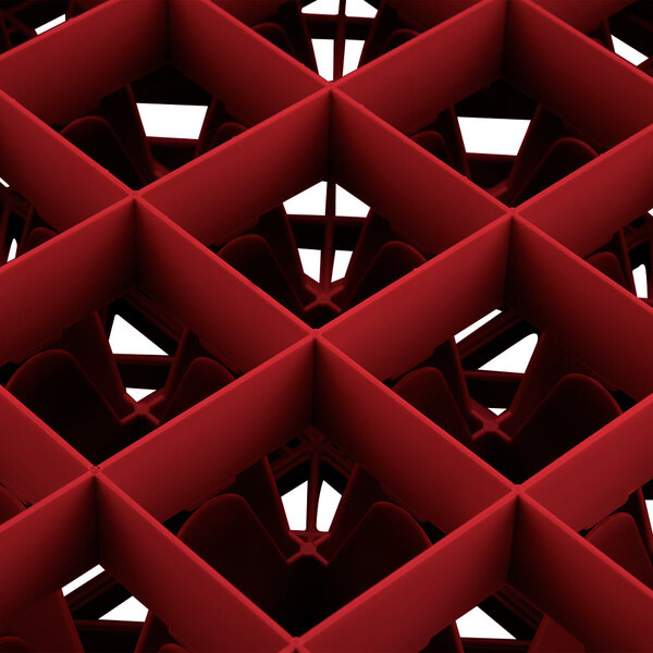 A red Vollrath Traex glass rack with many square compartments.