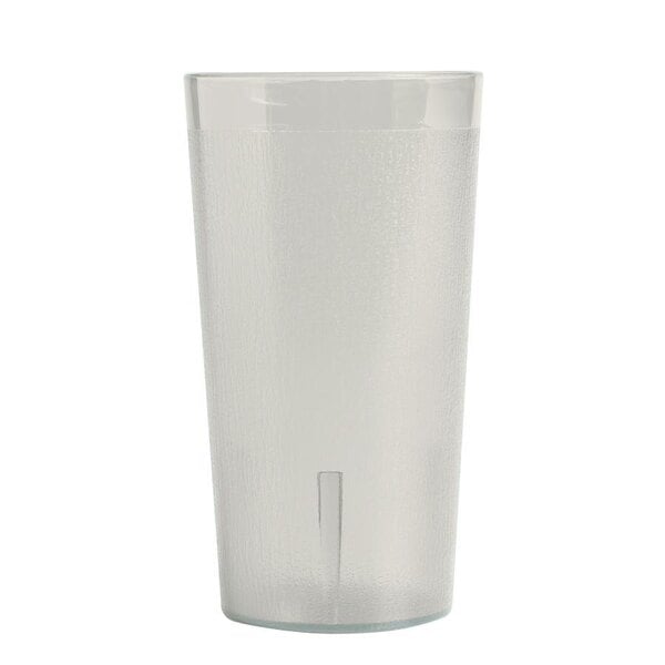 A clear plastic tumbler with a logo.