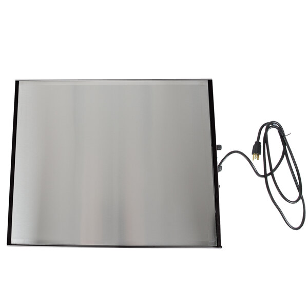 A black Hatco heated shelf with a silver metal plate and a black wire.