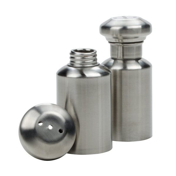 A close-up of a stainless steel salt shaker.