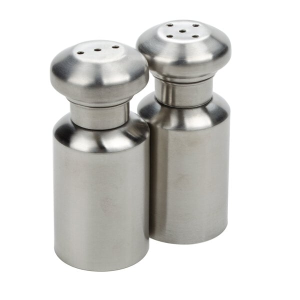 A pair of American Metalcraft stainless steel salt and pepper shakers.