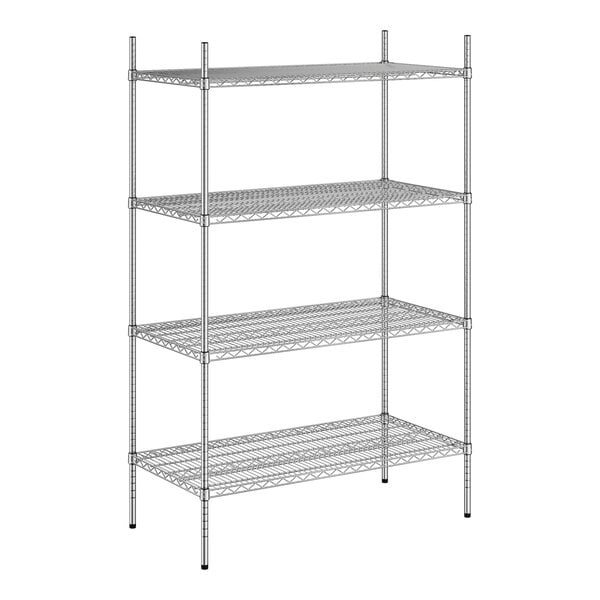 A wireframe of a Regency metal shelving unit with four shelves.