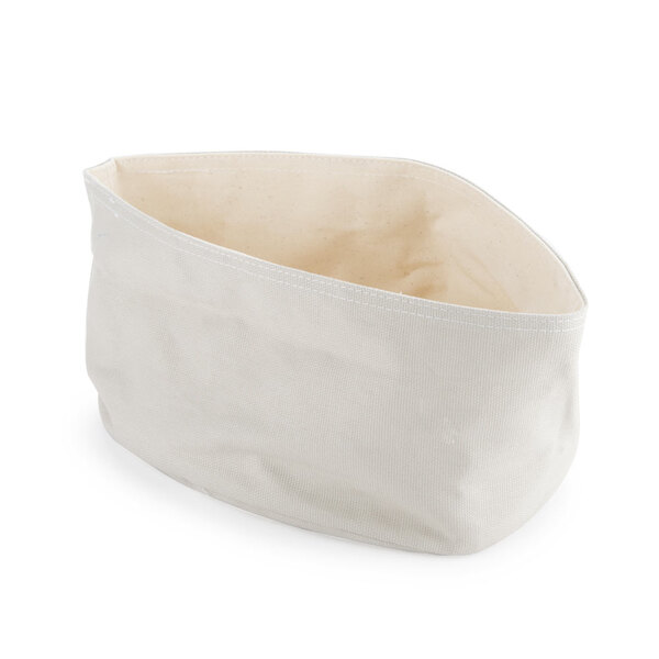 An American Metalcraft round cream and gray canvas bread basket on a white surface.