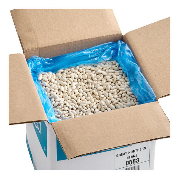 A large open cardboard box lined with a blue plastic bag, filled with dried Great Northern beans.