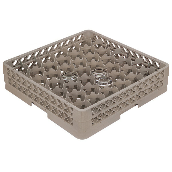 A beige plastic Vollrath Traex glass rack with 42 compartments.