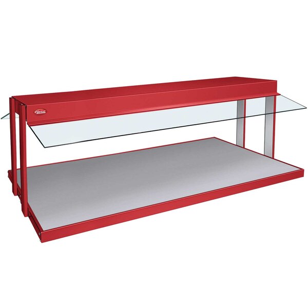 A red metal Hatco buffet warmer with a glass top.