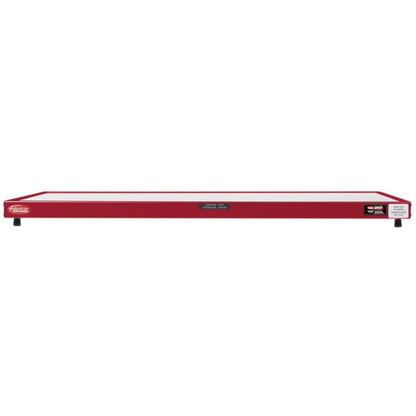 A red rectangular Hatco heated shelf warmer with white text.