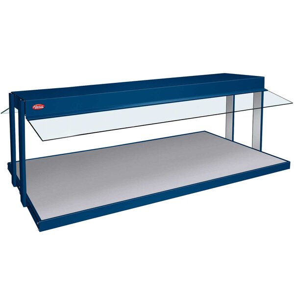 A navy blue rectangular Hatco buffet warmer with a glass top.